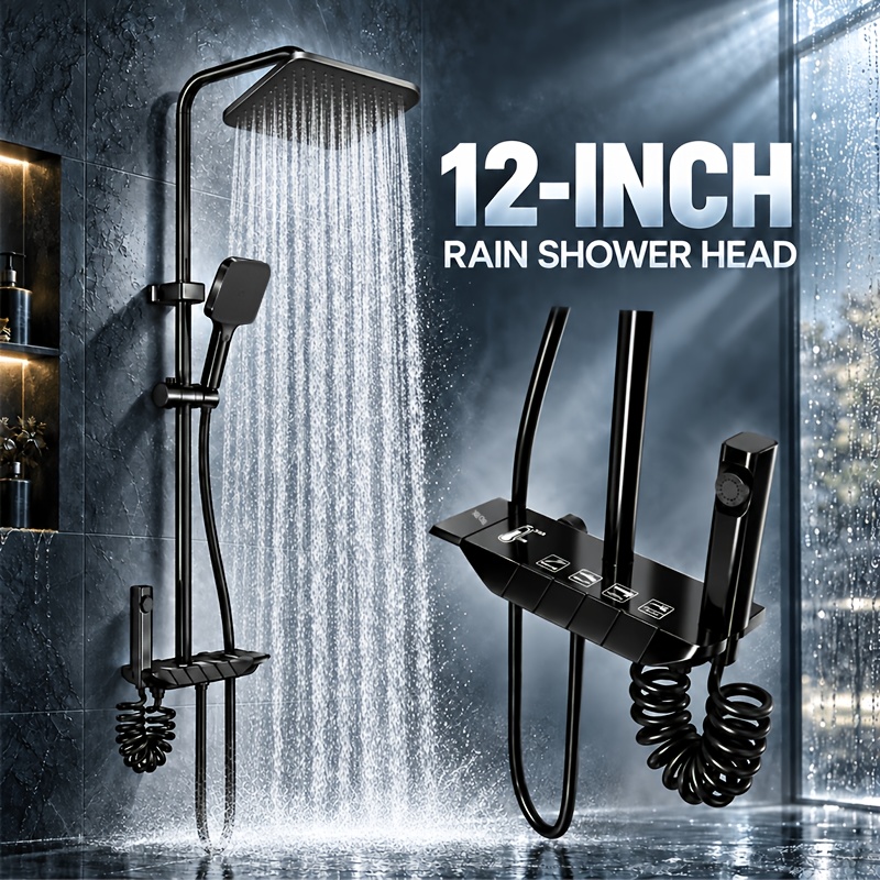 TEMU Système de douche noir avec pomme de douche à effet pluie de 12 pouces et douchette à main, barre de douche réglable en hauteur, ensemble de