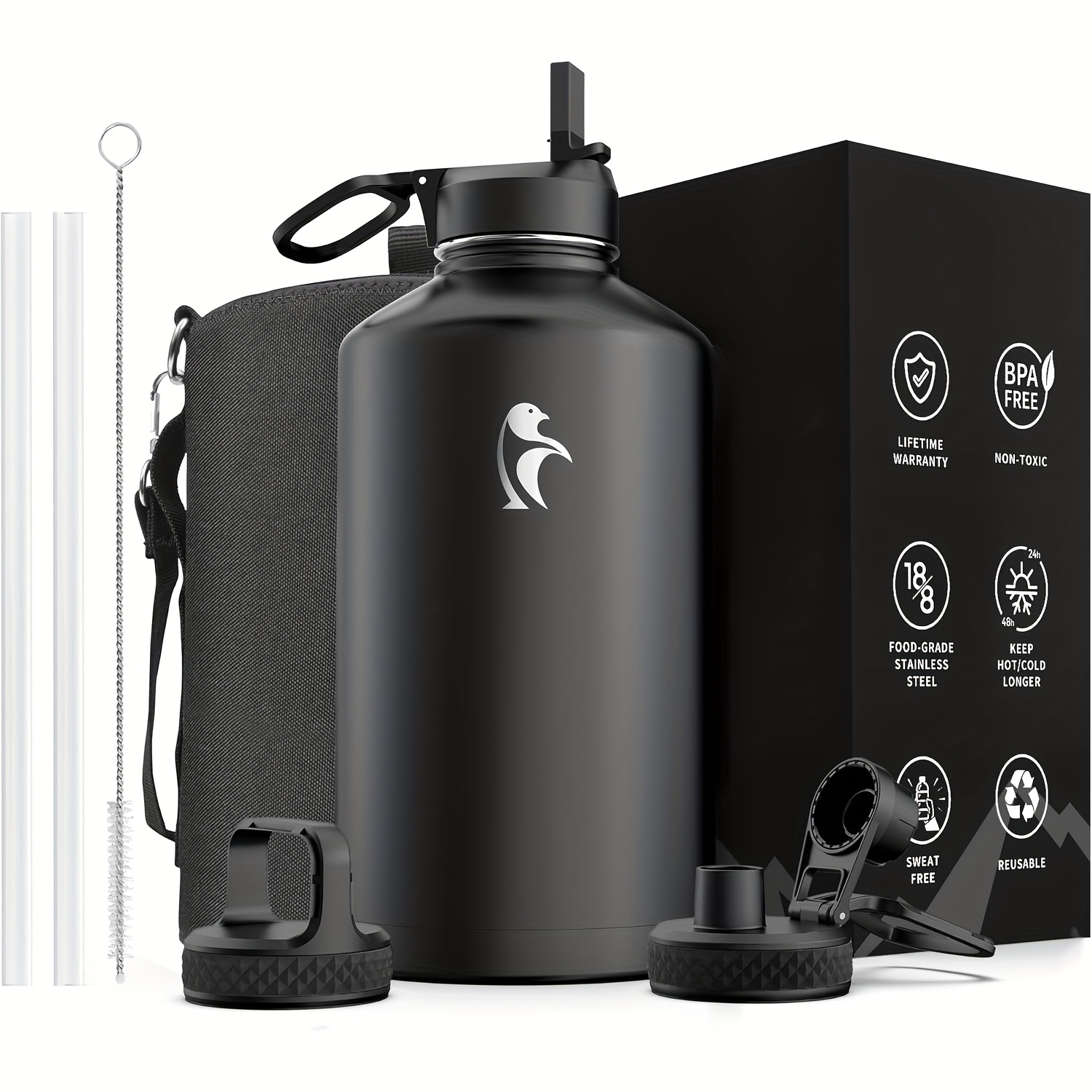 1pc Bouteille d'eau d'un gallon isolée avec paille et 3 couvercles, 128 oz grande carafe d'eau en acier inoxydable à double paroi sous vide à large ouverture pour le sport, la salle de sport ou le bureau, sans BPA, garde le froid pendant 48 heures et le chaud pendant 24 heures, bleu noir/noir