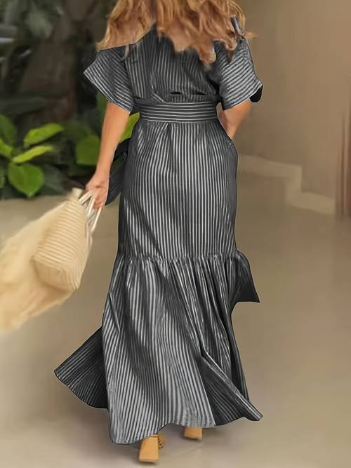 Women s Elegant Striped Maxi Dress with Lantern Sleeves, Tie Waist & - Loose Fit Polyester Machine-Washable Dress with Pockets for Spring/Summer/Fall, Casual to Formal Attire, Summer Fashion, Tie Waist Fashion, Flowy Fabric Gown, Spring Fashion, , Adult Clothing