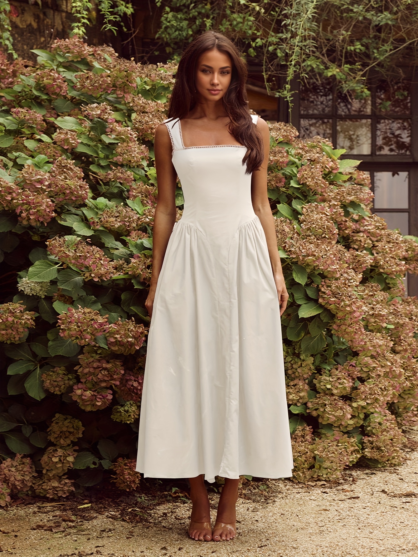 black square neckline high waist maxi dress full skirt - Temu Canada