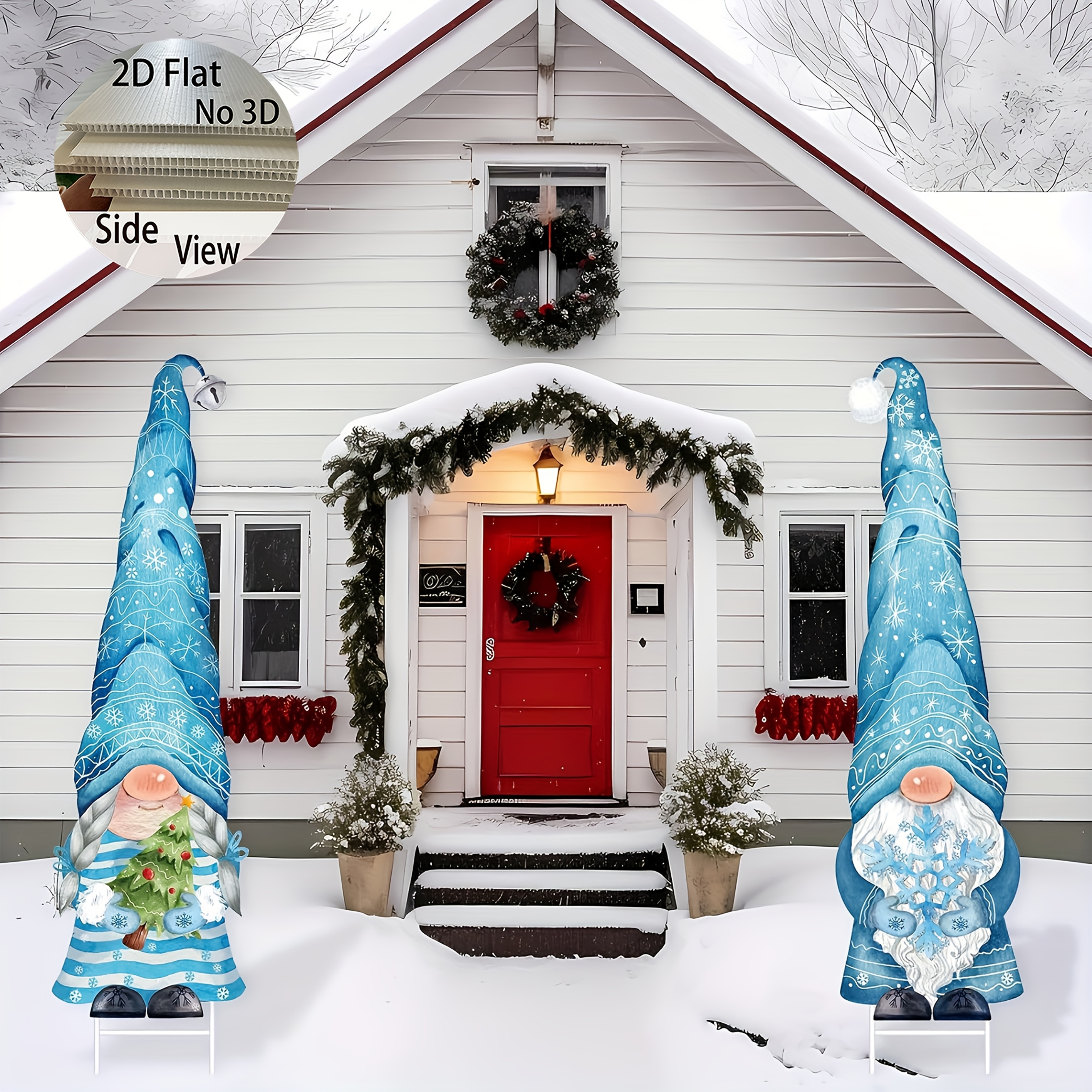 TEMU 2d Flat, 2d Flat 2pcs Set Of Christmas And Snow Gnome Courtyard Outdoor Decoration Ground Plug, Seasonal Lawn Decoration, Decoration, Festival
