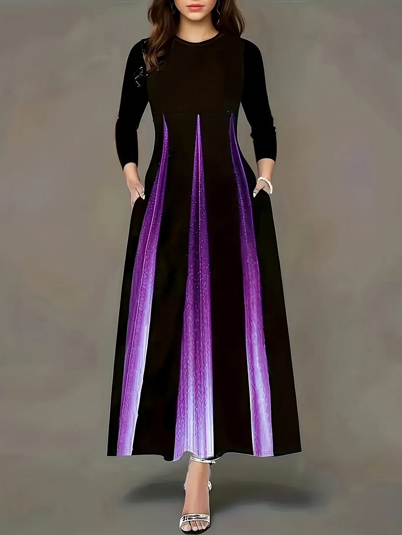 women's casual a line long sleeve dress purple checkered Temu