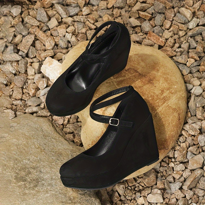 elegant black wedge heels women thick sole ankle strap open - Temu Belgium