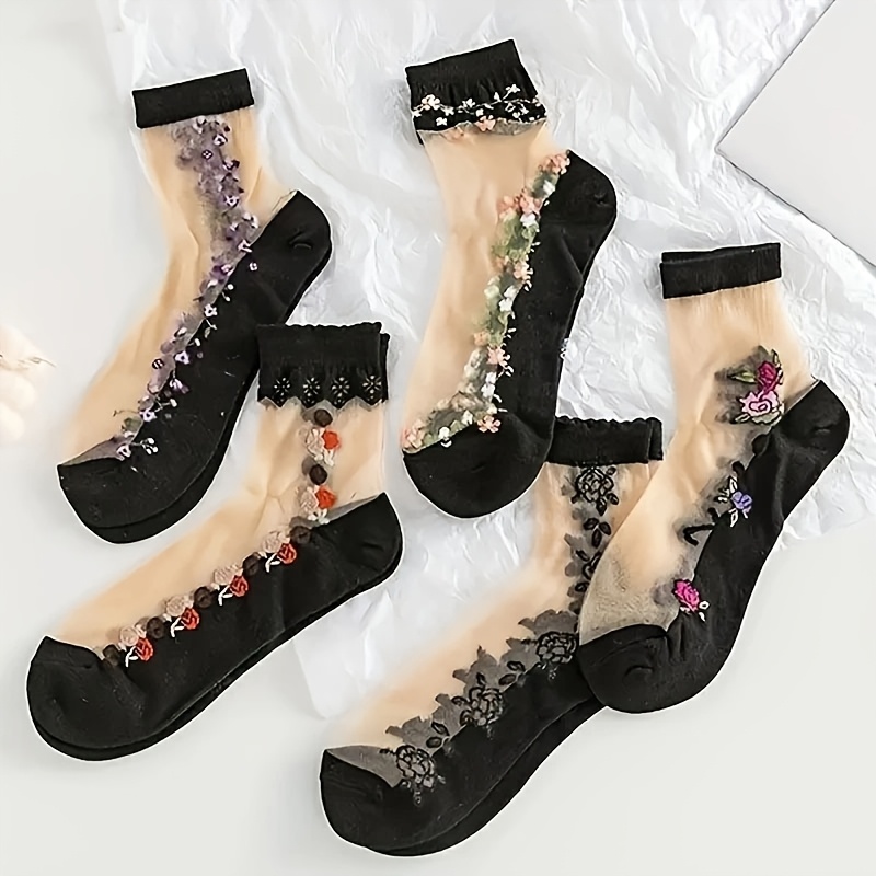 E-shop Damen Mid-Tube Glas Feder und Sommer Dünne Eisfaser Stoff, Schwarze Sockenboden Jacquard Kristall Socken 5 Paar