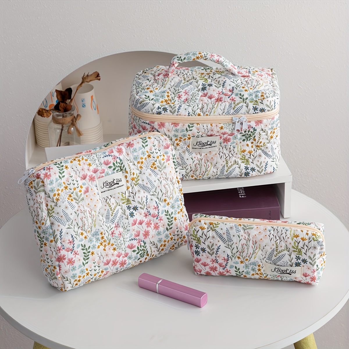 E-shop 2025 Neue Damen Kosmetiktasche mit Blumenmuster – Großes Fassungsvermögen, Reise-Make-up-Organizer mit Reißverschlussfächern, Pastellfarbenes