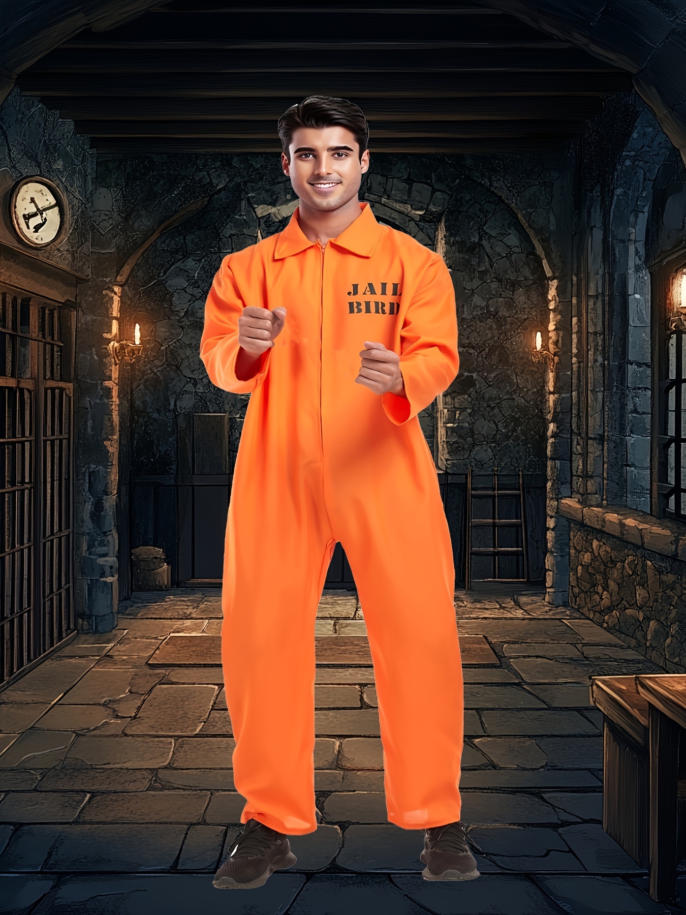 *'s Realistic Prison Jumpsuit Costume with JAIL Print Number 0075  Full-Body Orange Outfit for Role-Play, Themed Parties Fabric,