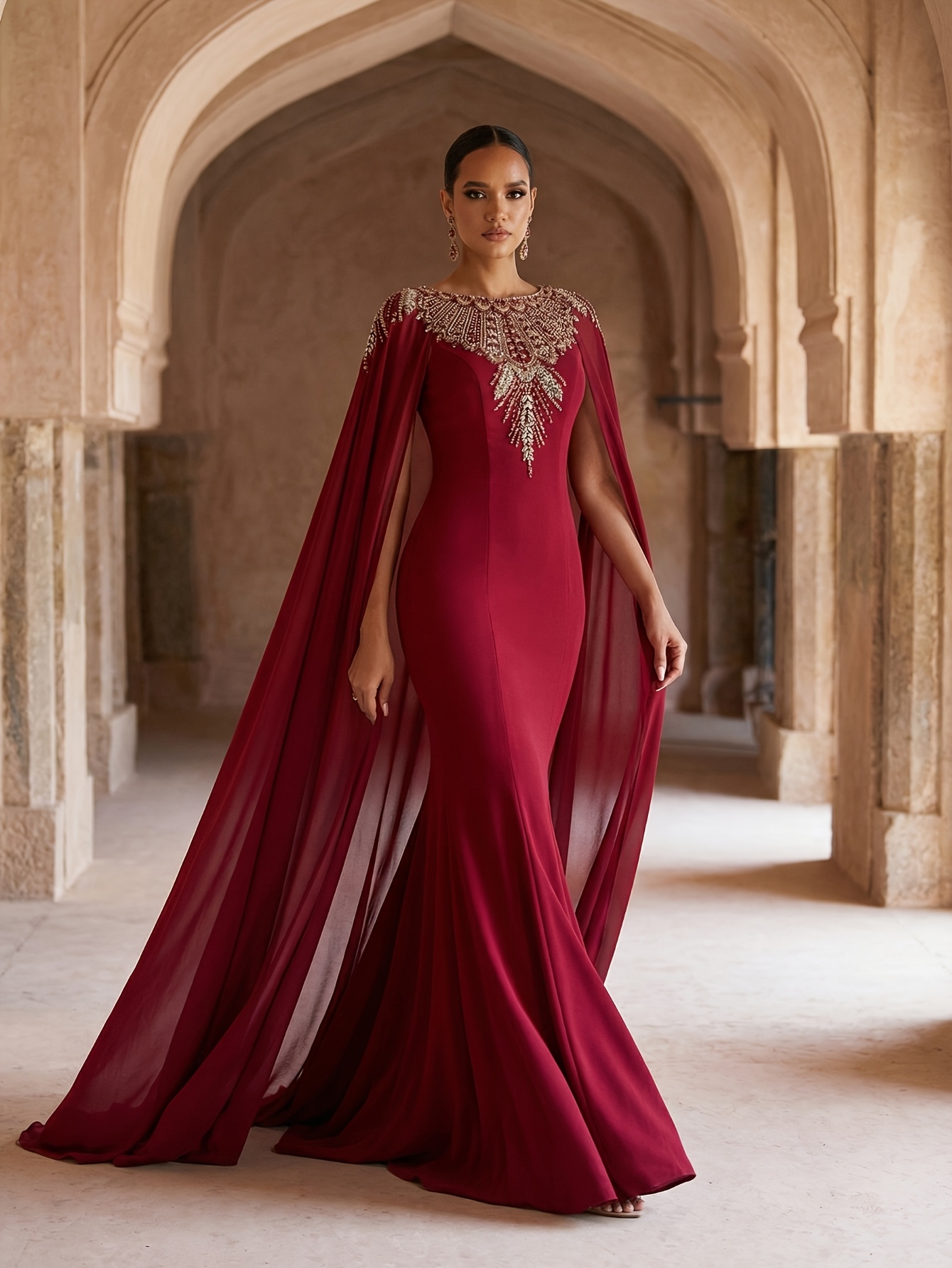 luxurious burgundy beaded long dress elegant loose fit long - Temu