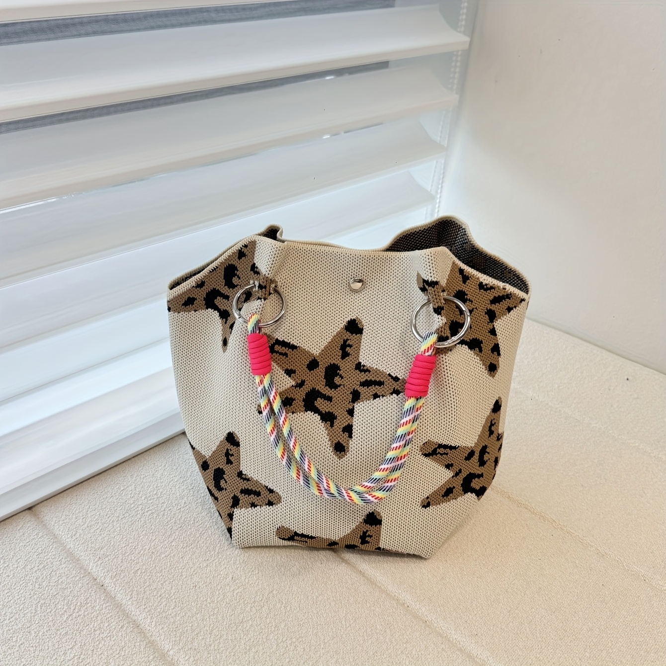 1pc Of New Fashionable Star-patterned Color- Knitted Polyester Snap-button Drawstring Handbag, Large-capacity Storage Pouch