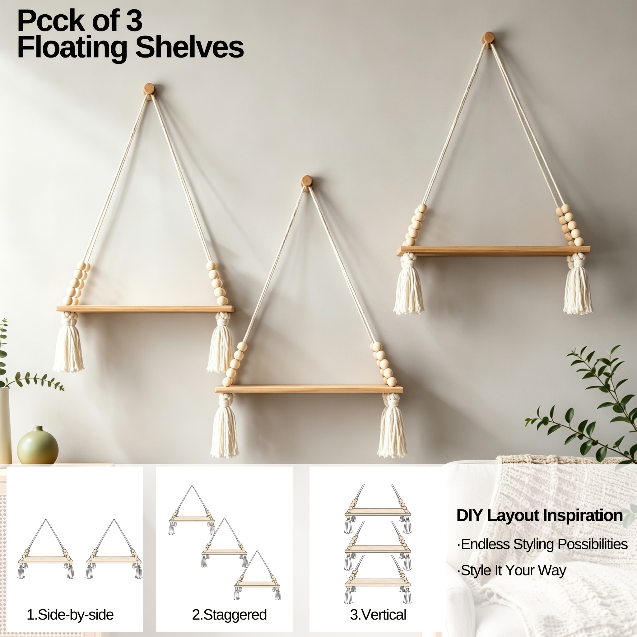 TEMU 3pcs Bohemian Macrame Wooden Hanging Floating Shelves With Wood Bead Tassel Wall-mounted Space-saving For Photo Plant & Storage Display, Rustic