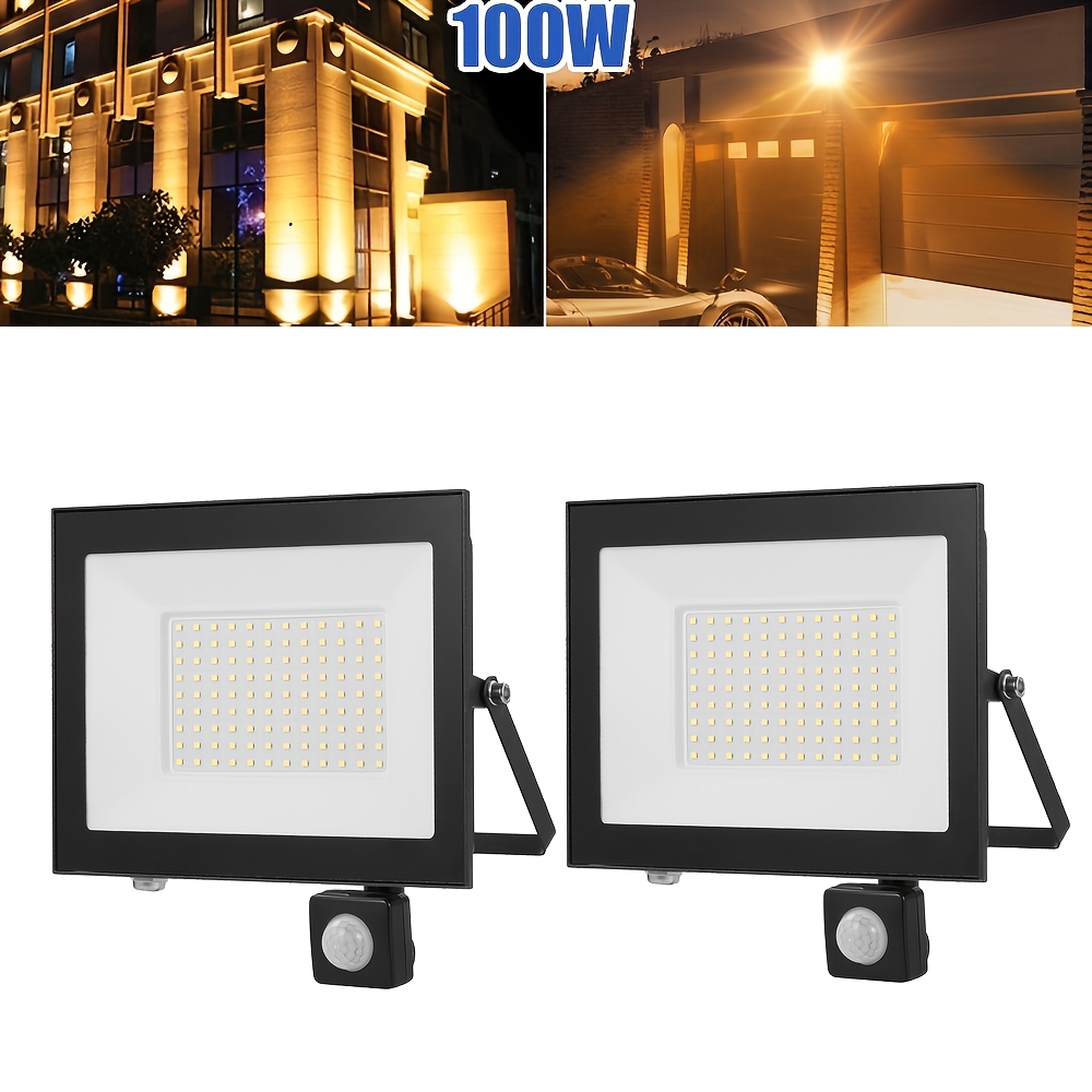 E-shop 2er-Set 100W Warmweiße LED Flutlicht mit Bewegungsmelder | IP65 Hochwertige Outdoor-Sicherheitsleuchte mit verstellbarer Montagehalterung,