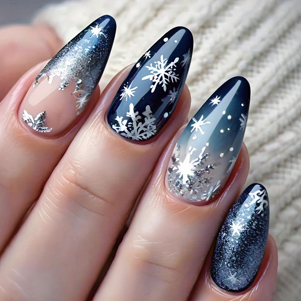 TEMU 24 Christmas Patch Nails-glitter Silvery Gradient Fake Nails-medium Almond- For Christmas And Party-women's Christmas Nail Decoration, Holiday