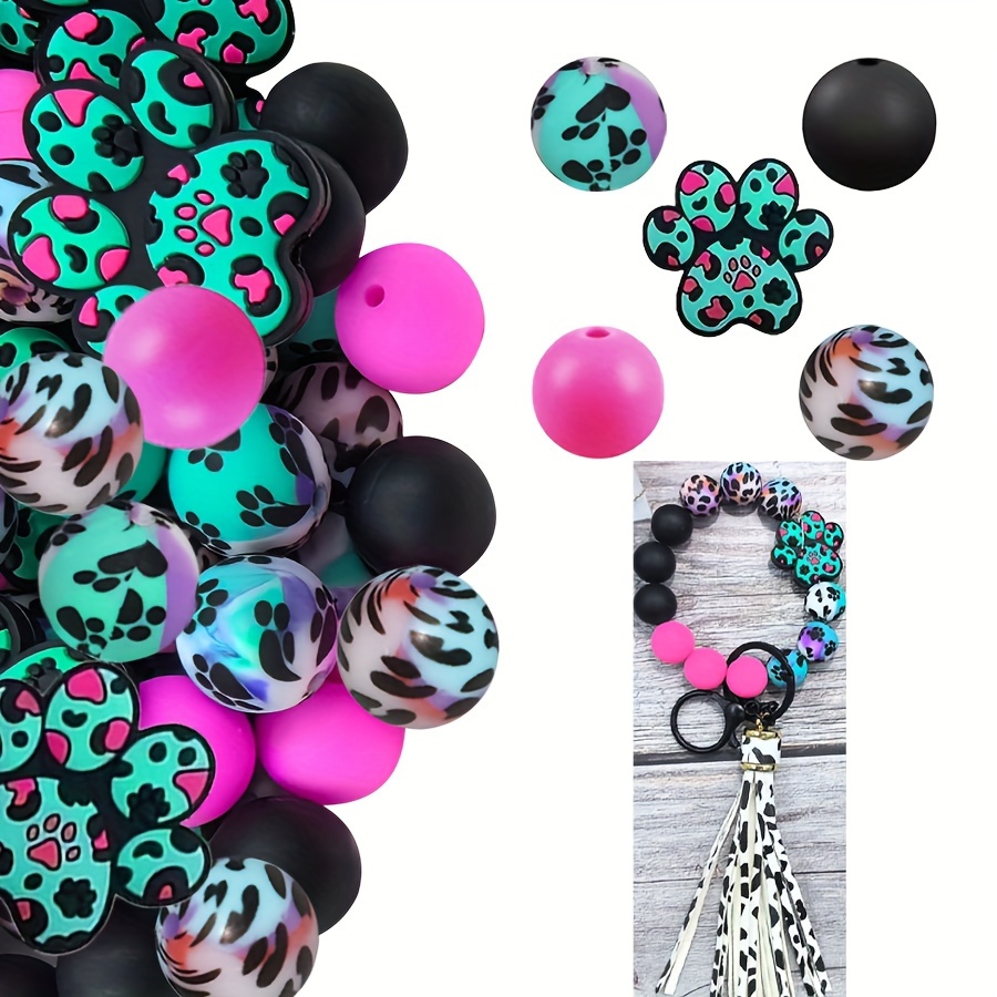 

30 Pcs Silicone Beads Assortment With Animal Paw & Leopard Print Patterns, Diy Jewelry Crafting Kit For Keychains, Necklaces, And Accessories