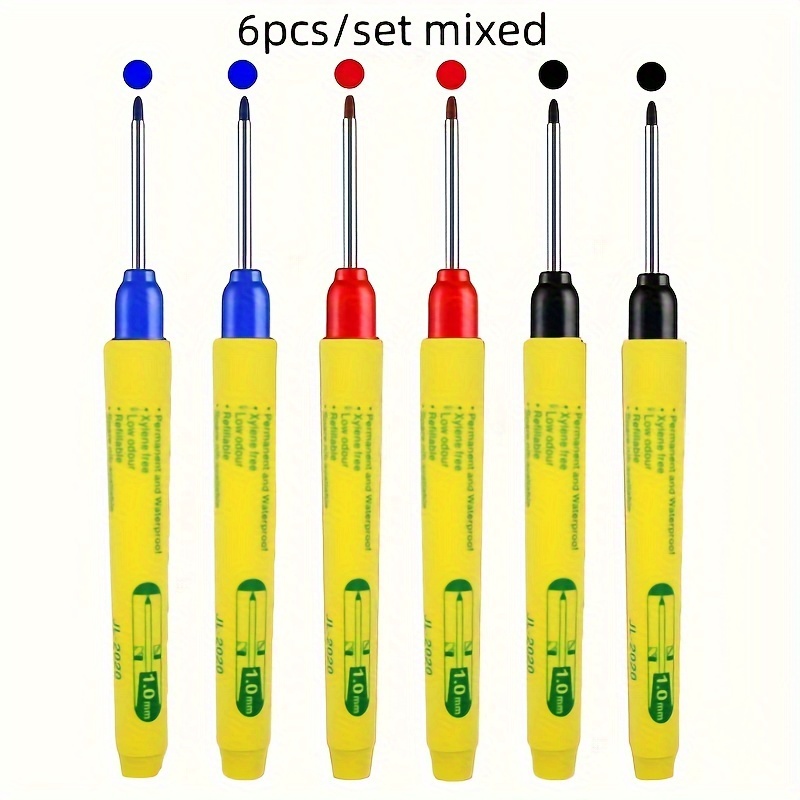 Set Of 6 Long-headed Marking Pens In Red, Blue, And Black, Suitable For Woodworking Decoration And Deep Hole Marking, Waterproof And Versatile.