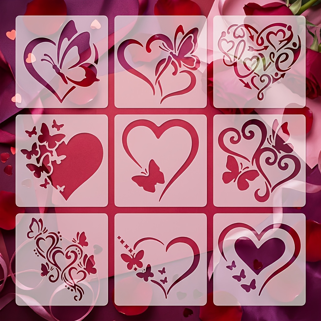 Image of 9pcs 4 Inch Love Heart Stencil Set, Reusable Hollow Pet Templates, Valentine Decor For Scrapbooking, Gift Cards, Wall, Wood, Canvas Painting