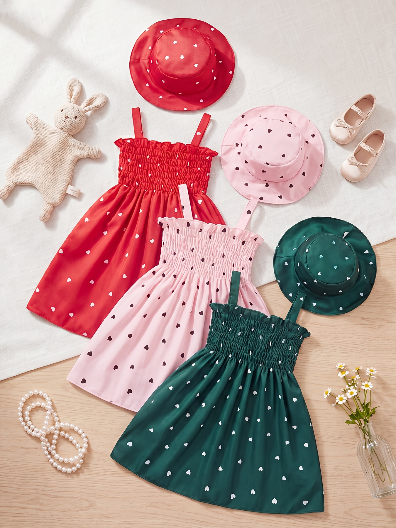 3pcs Set Sweet Cute Girls Summer Outfits Heart Print Sleeveless Tie Back  Dress with Princess Hat Lightweight Breathable for Holiday Daily Outdoor  Casual Wear