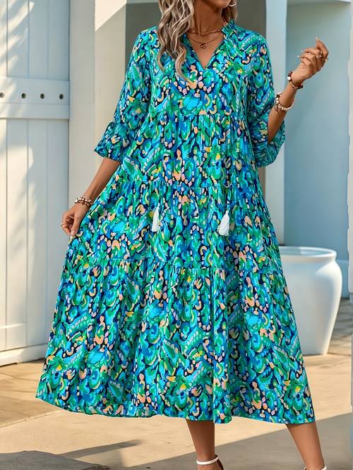 item picture plus size plus size womens vacation boho style three quarter sleeve fringe tie up print dress