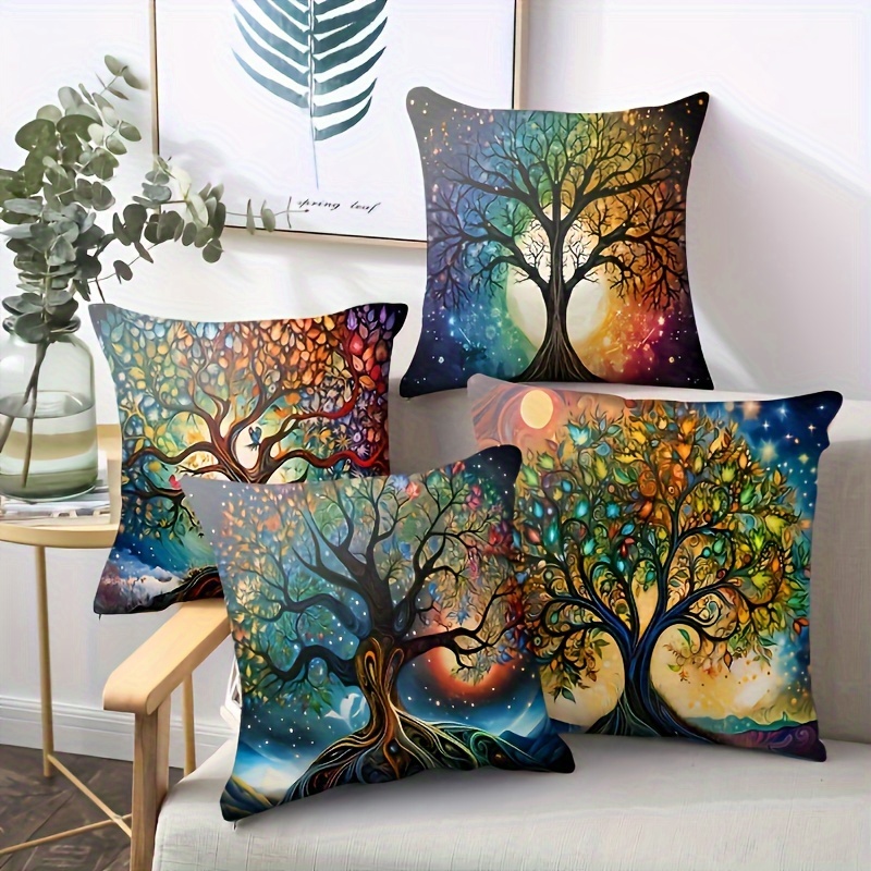 

Tree Of Life 4pcs Throw Pillow Cover Set - Contemporary , Zip Closure, Machine Washable For Living Room & Office Decor (no Insert), Decorative Pillows