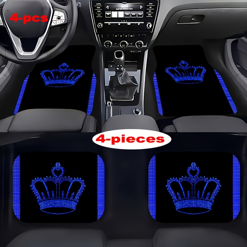 Temu 4Pcs Blue Large Crown Pattern Car Floor Mat-Polyester Fiber Material, Anti-Slip Lining, Easy To Clean, Car Interior Assembly, Suitable For Front-image