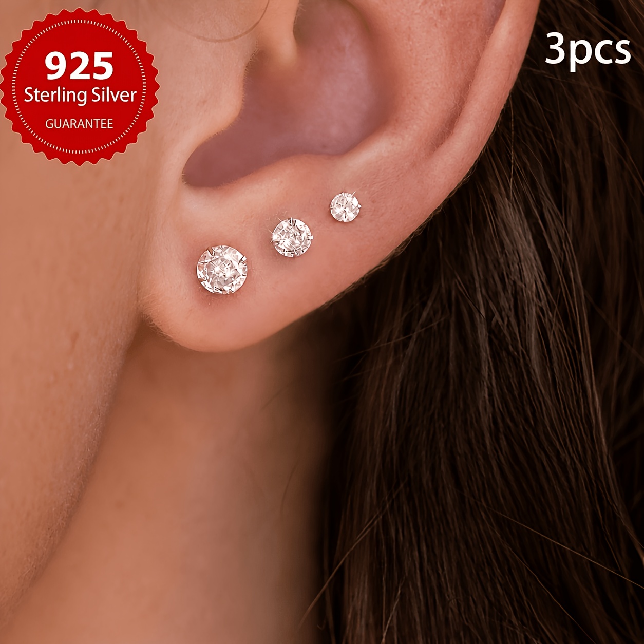 Image of 3pcs (not 3pairs) Fashion Cute S925 Sterling Silvery Synthetic Synthetic Zirconia Stud Earrings For Women Gift Fine Jewelry Dating Party Gift