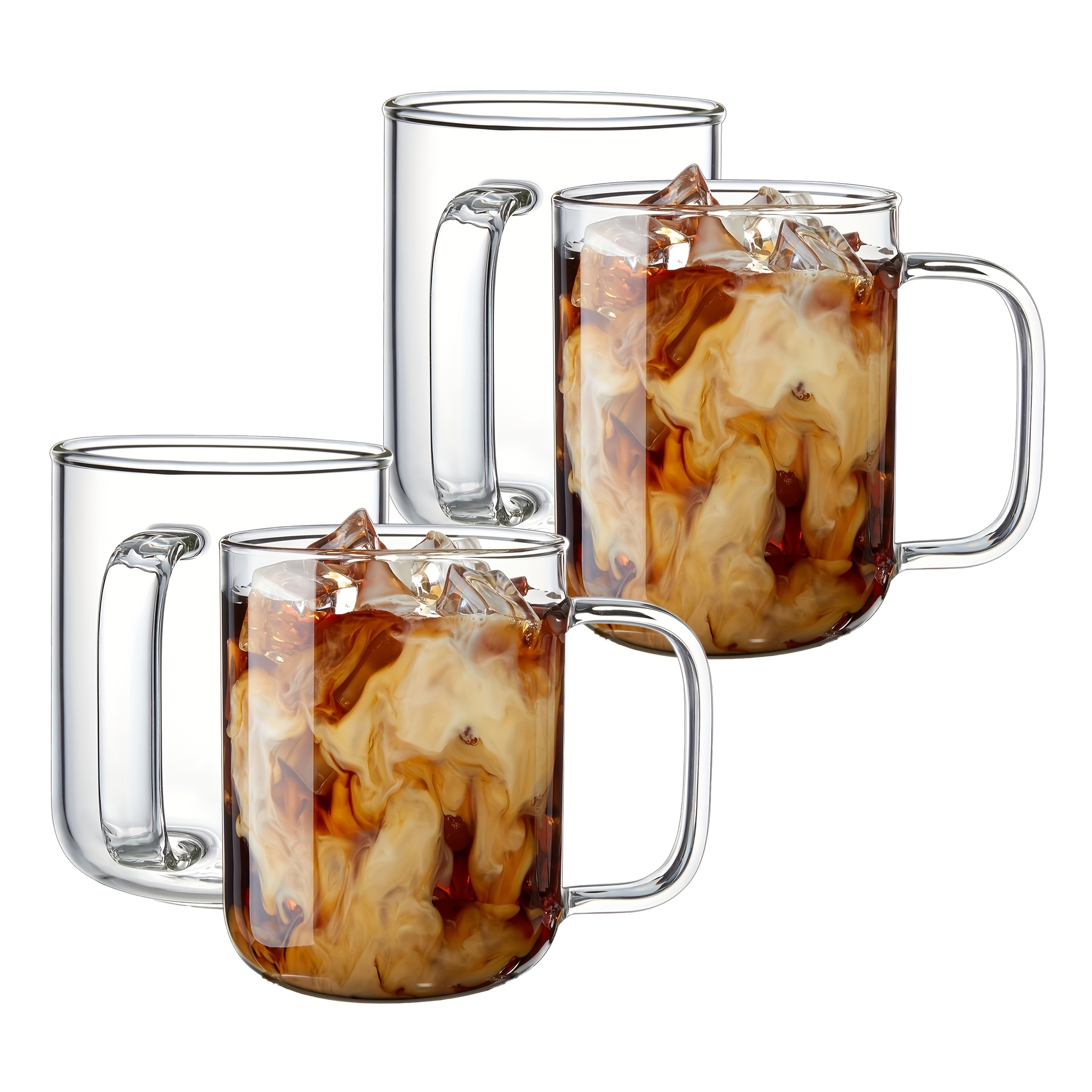 E-shop Lager, 4 Stück hitzebeständige Glasbecher, Eiscafé-Becher, verdickte transparente Teetassen, Glasbecher mit Henkeln, geeignet für Latte,