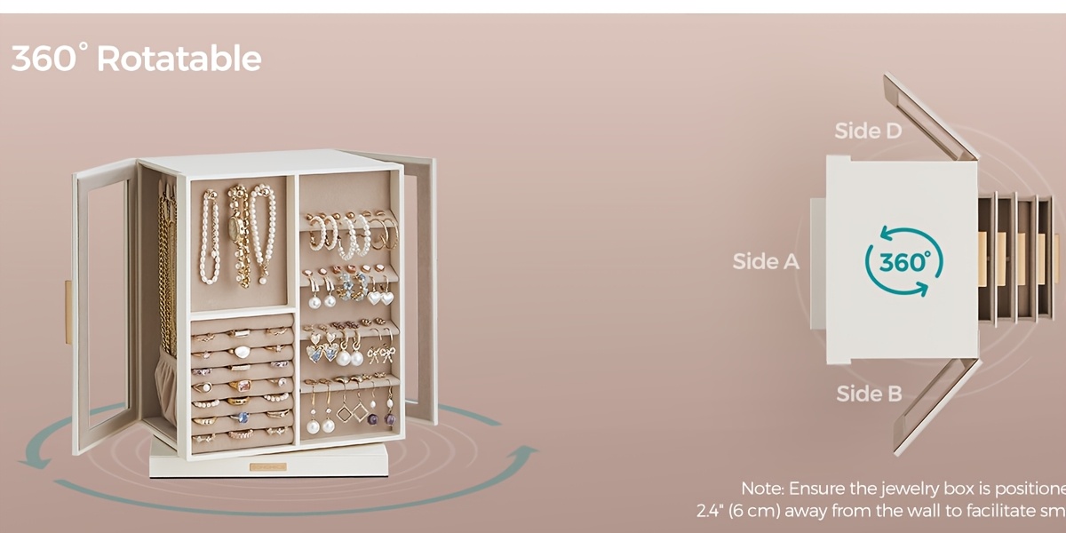   jewelry box 360° rotating, jewelry storage case with 5 drawers, jewelry organizer, glass window,  , vertical jewelry storage,  , glasses, earrings, rings, necklaces, big jewelry, gifts for men, women, friends Product details 4