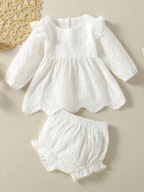 infant long sleeve casual white flared top small lace shorts two piece set suitable for 0 2 years old babies outdoor