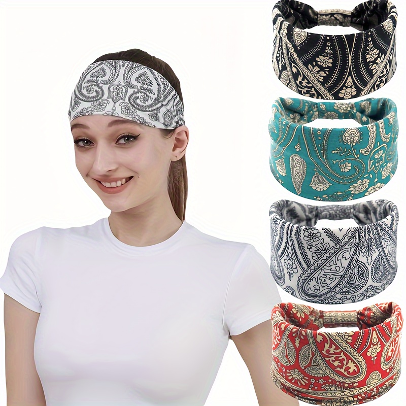 

4-piece Boho Paisley Headband Set - Wide, Stretchy Cotton Blend Yoga & Sports Sweatbands For Women