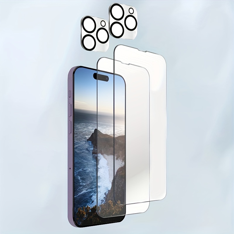 

For Iphone 15 14 13 12 11 Pro Max 2 Pcs Tempered Glass Screen Protector Film + 2 Pcs Camera Lens Glass Film