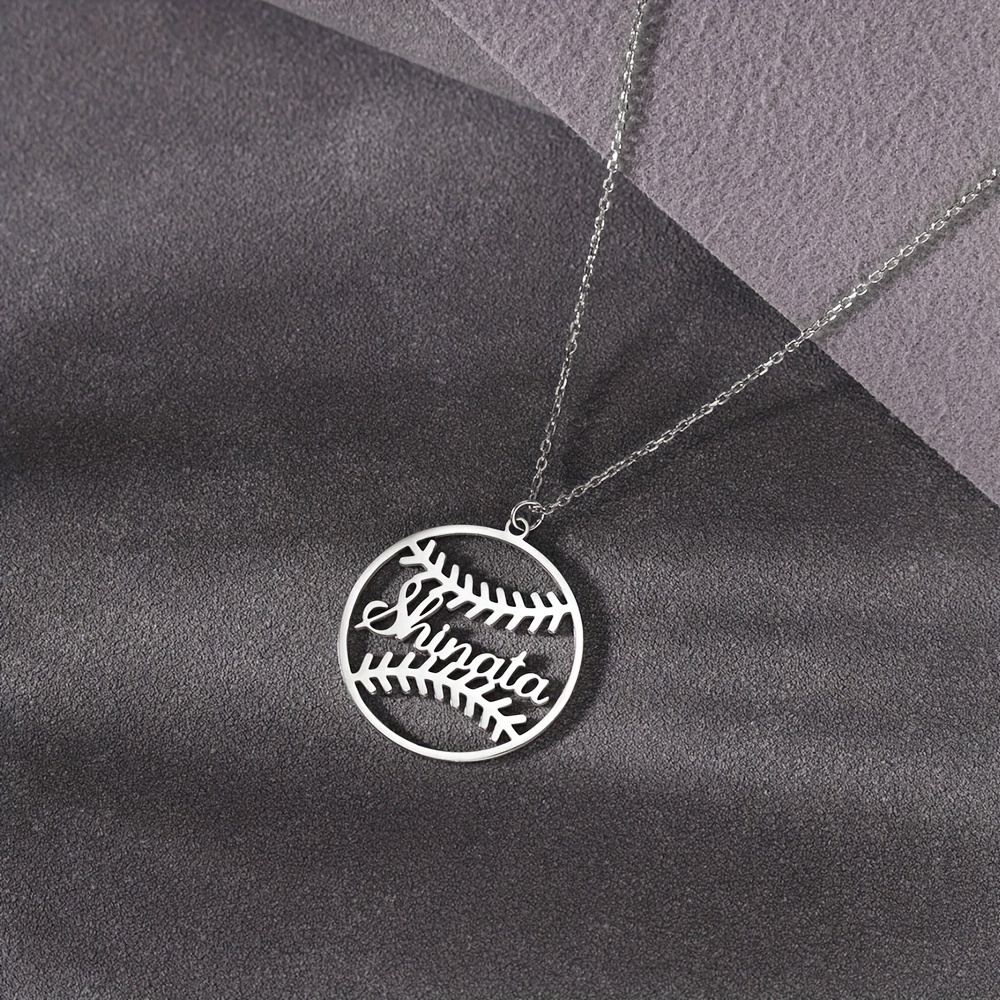 TEMU Personalized Baseball Name Pendant Necklace, Simple Sporty Style, 18k Golden Plated Stainless Steel, Jewelry For Women, Daily Wear Accessory