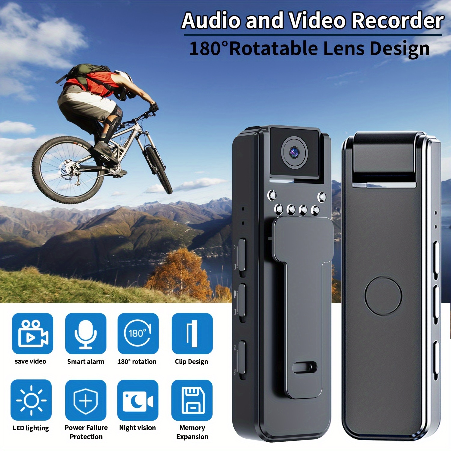 1080P body camera with rotating lens and night vision.