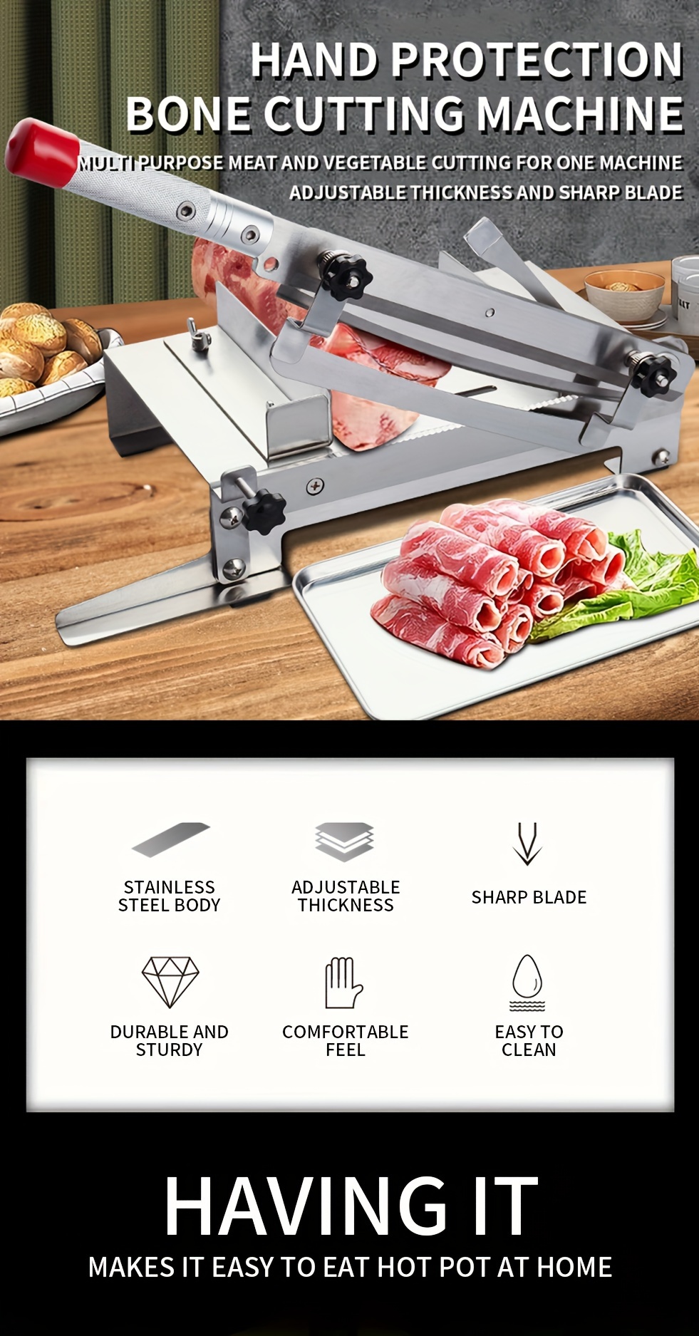 stainless steel manual mandoline slicer multi purpose hand protection bone cutting machine with adjustable thickness sharp rectangular blade for meat and vegetables details 0