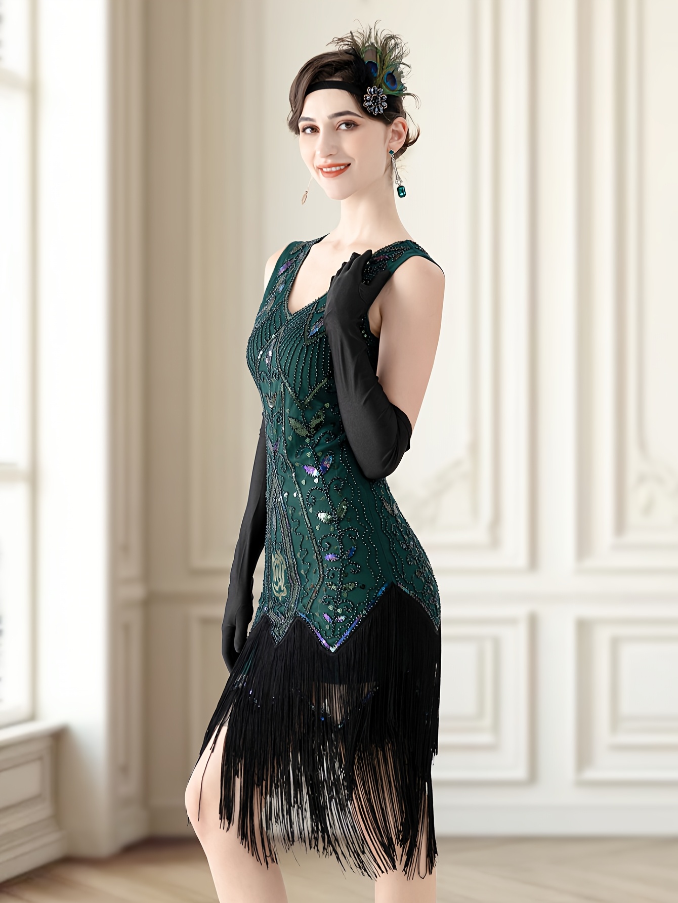 vintage 1920s v neck sleeveless sequin tassel hem dress Temu - Main Image