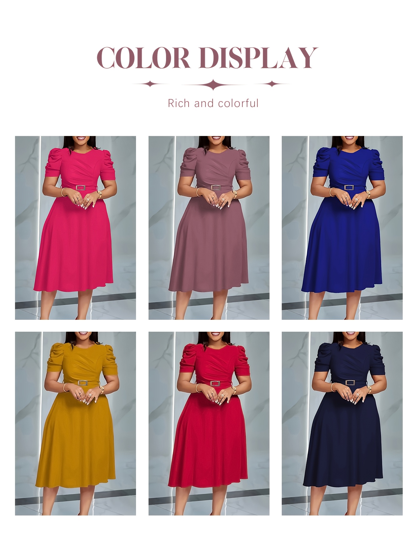 Elegant V-Neck Midi Dress with Ruffle Details | Solid Color Short Sleeve, Waist Belt, Flowing Skirt for Spring/Summer, Comfortable And Stylish Fit And Flare Silhouette