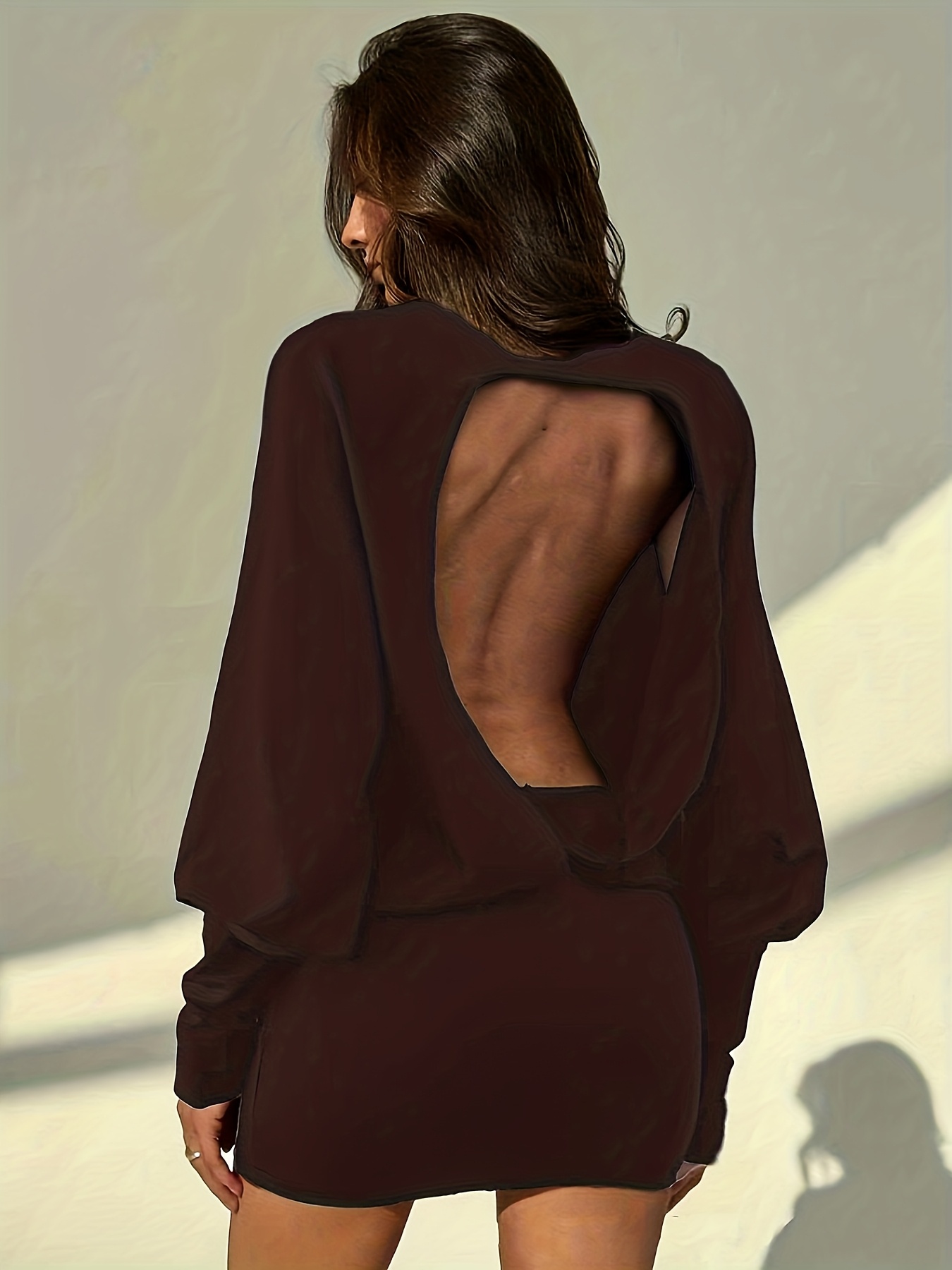 brown long sleeve backless dress City Of Luxe Long Sleeve Knit Mini Dress Brown