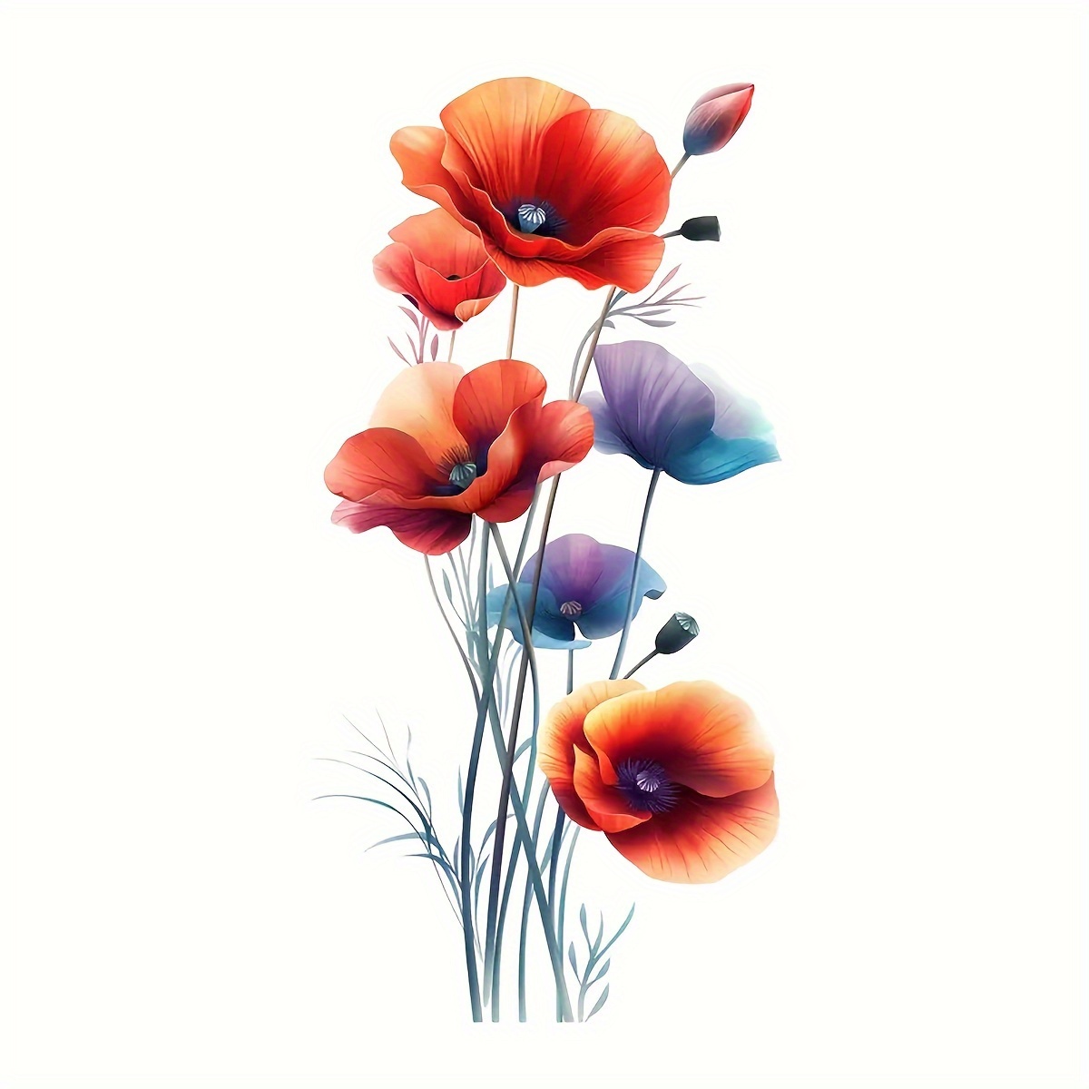 Image of 1pc Watercolor Poppy Flower Wall Sticker - Removable Vinyl Self-adhesive Paper, Suitable For Decorating Living Rooms, Bedrooms, Kitchens, And Refrigerators