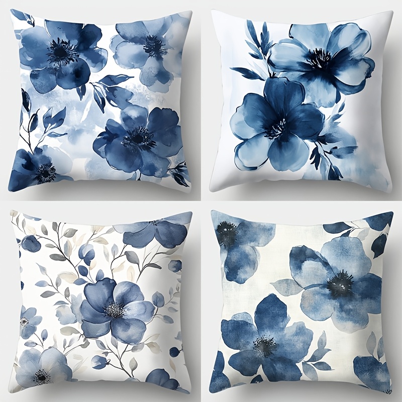 E-shop Set mit 4 Kissenbezügen im Art-Nouveau-Stil mit blauen Blumendesigns, sowohl stilvoll als auch funktionell. Maß 17,7 Zoll mal 17,7 Zoll, ideal
