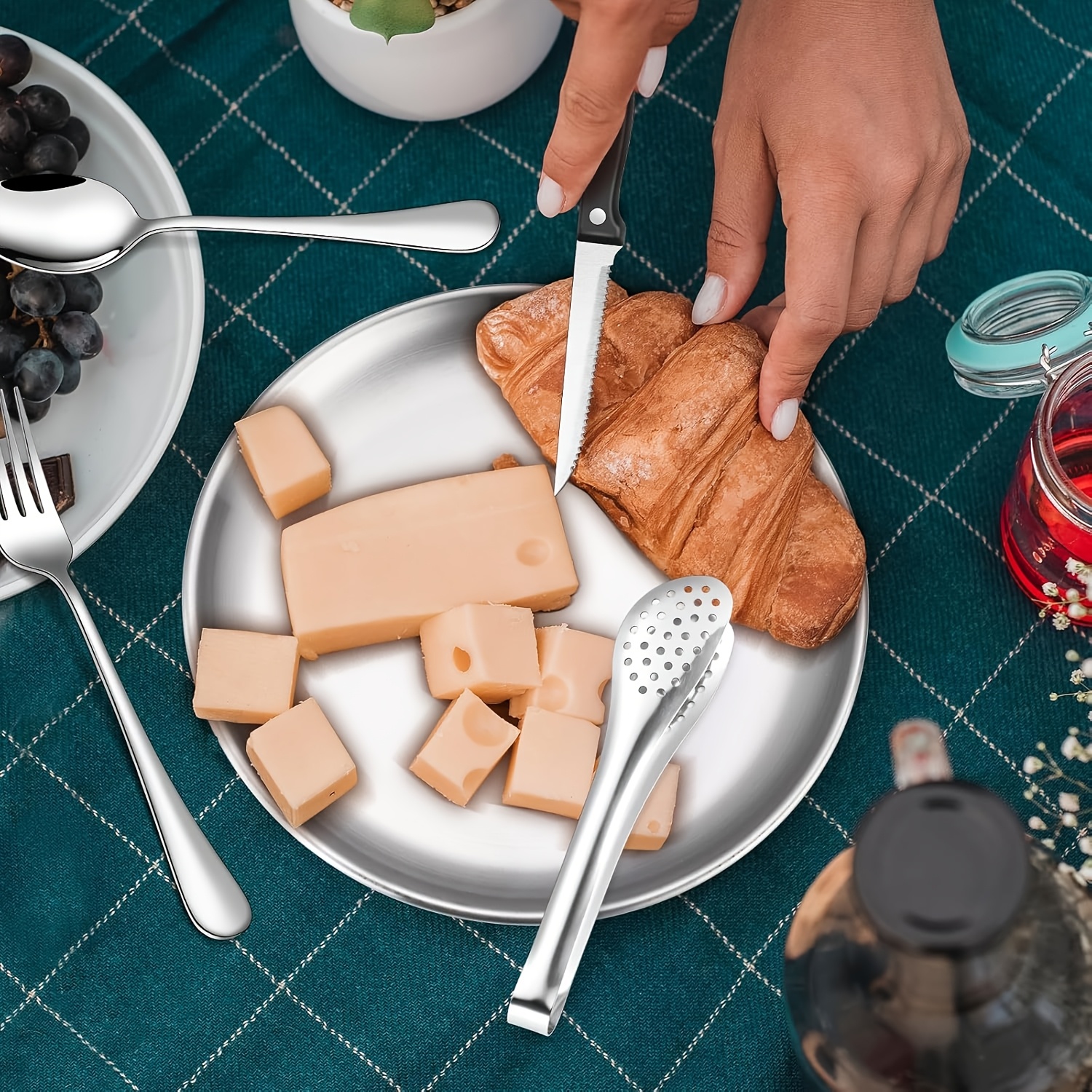 personalized customization camping silverware set including knives forks spoons plates cutlery storage bags picnic set stainless steel plate spoon clip and serrated knife bottle opener camping kitchen barbecue golden and silvery   thanksgiving Product details 6