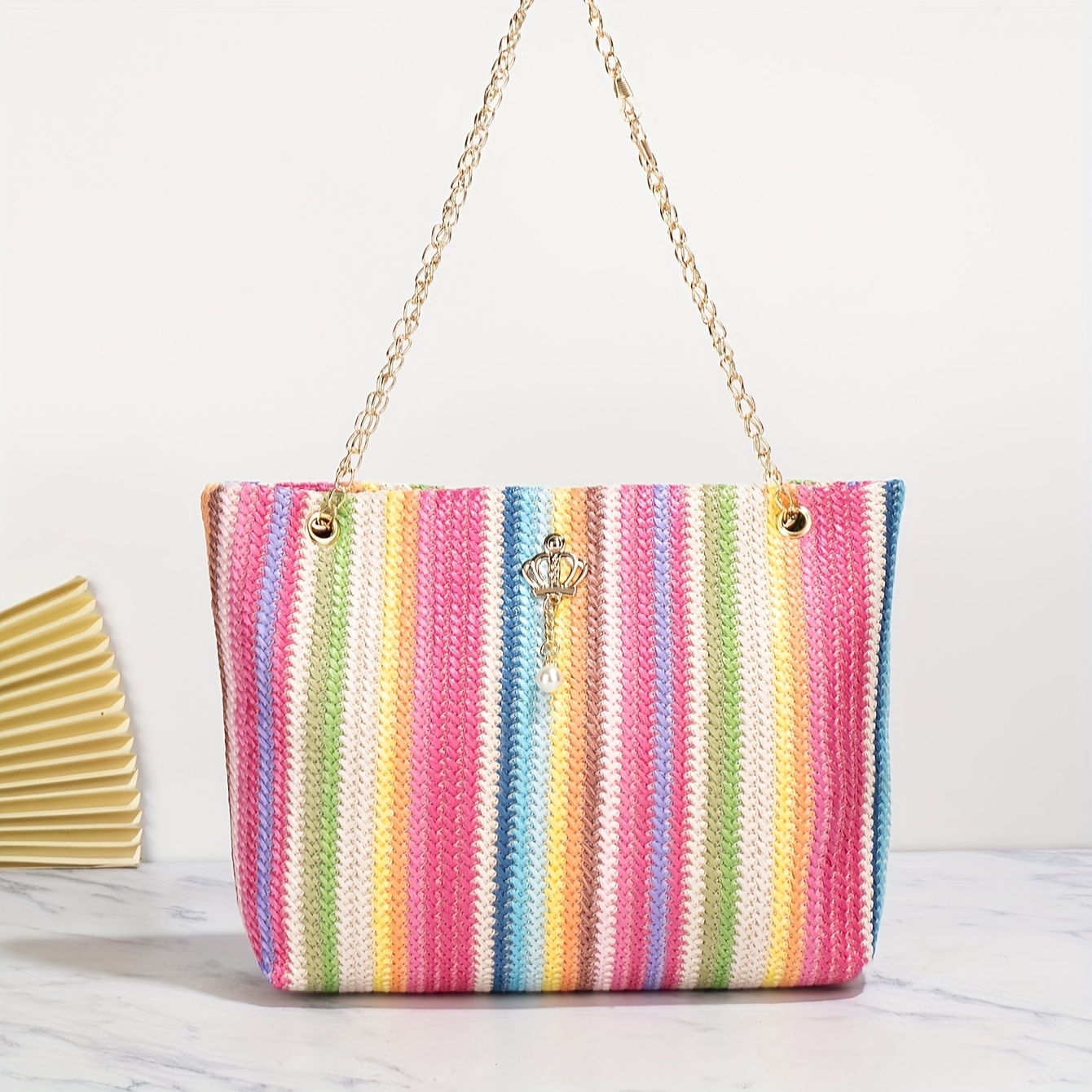 Image of Women's Handbag Rainbow Striped Contrast Tote Bag 2025 New Beach Niche Chain Shoulder Bag Large Capacity Shopping Bag