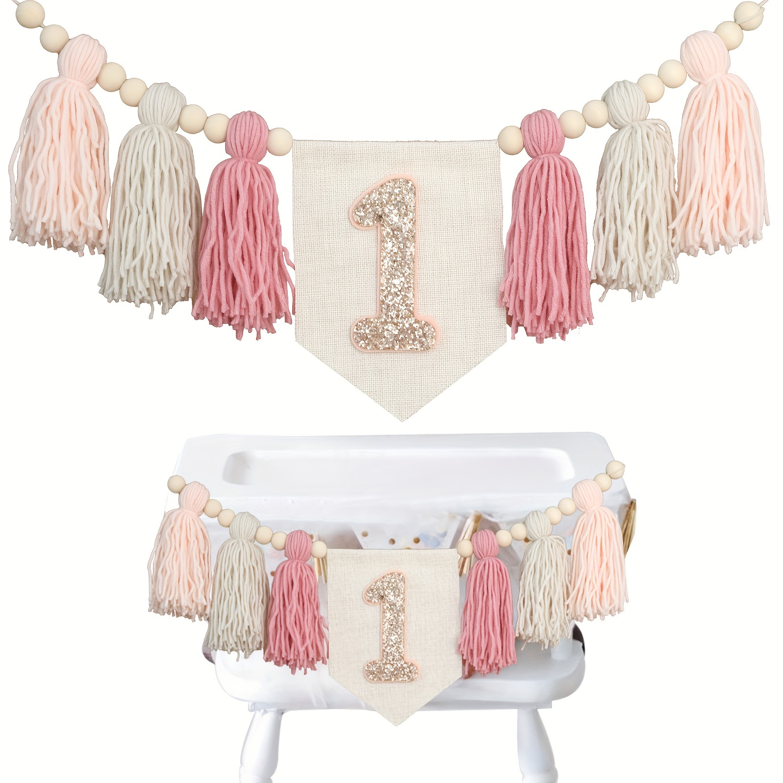 

Bohemian Pink Tassel Garland Banner For 1st Birthday & Baby Shower - Fabric Highchair Decor, Handmade Glitter Number 1 Pennant, Pre-strung For Easy Hanging, Multipurpose Party Accessory
