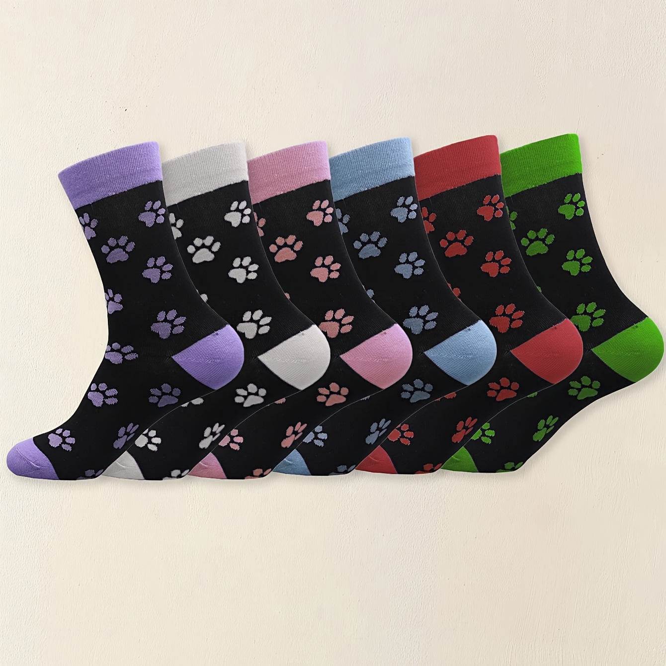 E-shop 1/3/6 Paar modische trendige Damensocken mit niedlichem Tierpfotenabdruck-Muster, weiche, bequeme lässige Mid-Crew-Socken, geeignet für den