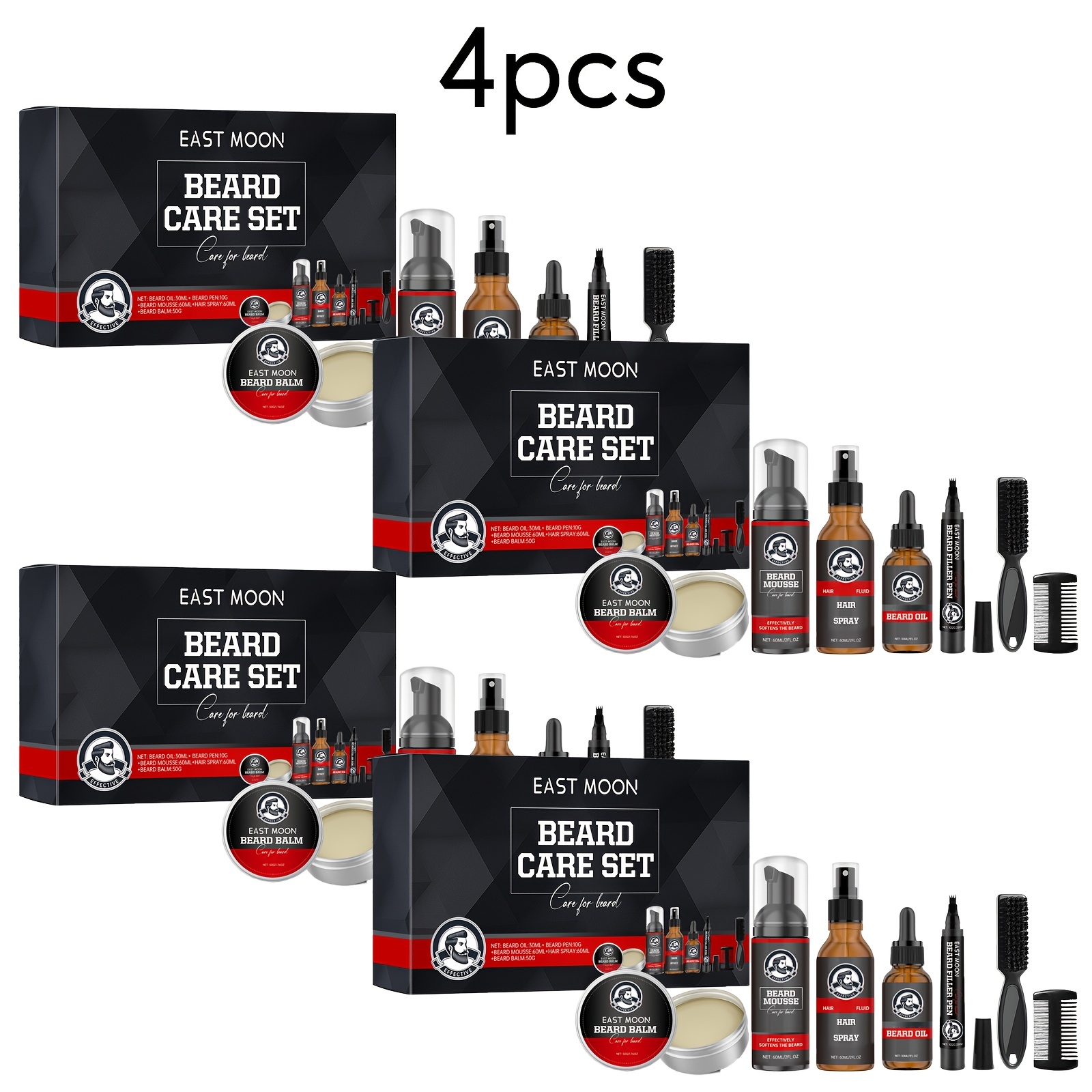 A Set Of 4 Premium Men's Beard Care Gift Boxes, Including Beard , Mousse, Beard Filling Pen, Moisturizing Spray, And Beard Care, Designed For And Hydration, Travel-sized, Making It An Ideal And