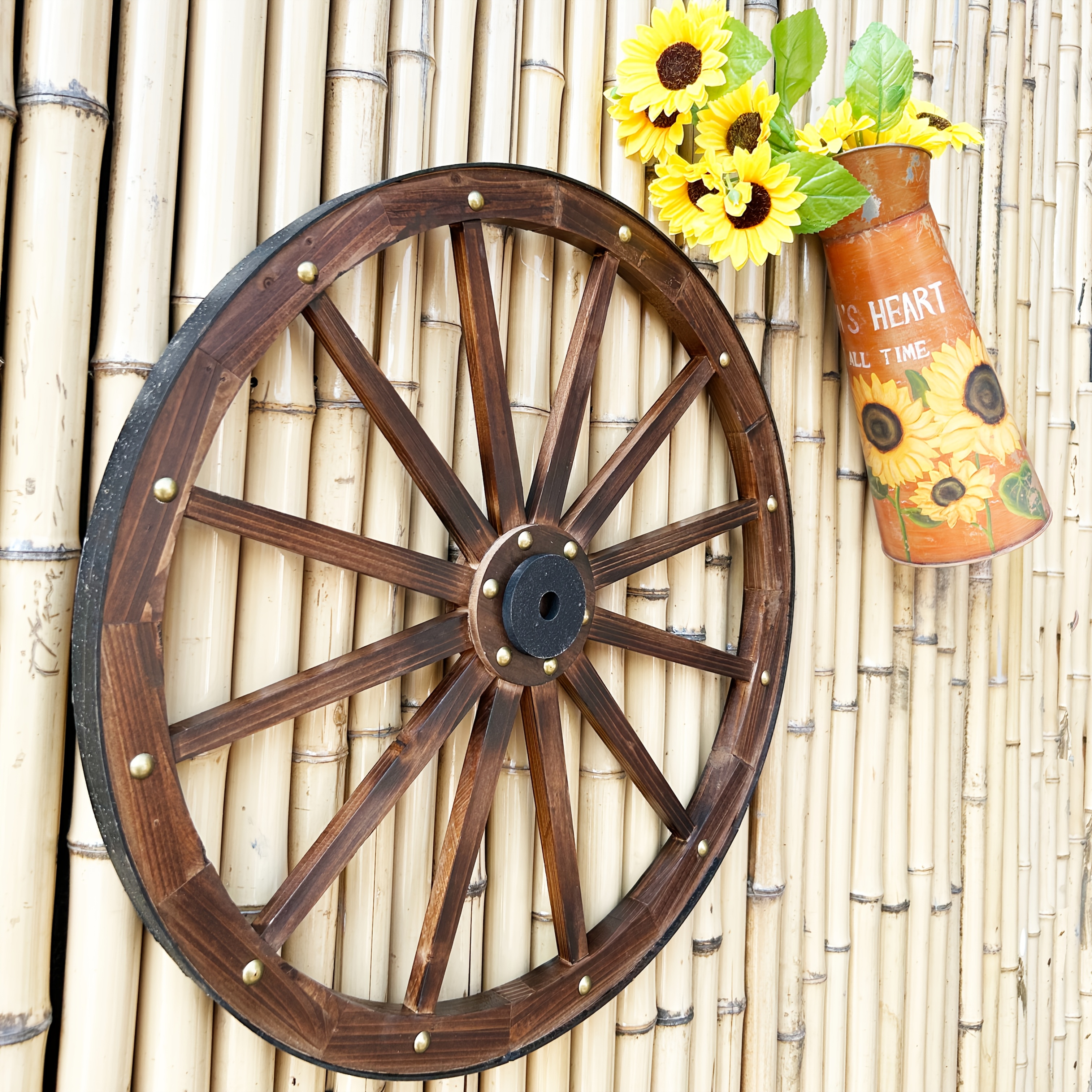 Wooden Anti-rot Carbonized Outdoor Decorative Small Wheel Wall Ornament Small Wheel Courtyard Decoration Small Wheel