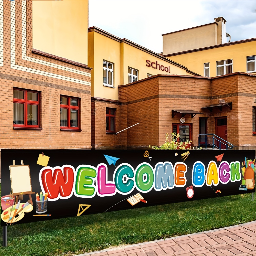 

1pc, Welcome Back To School Large Decorative Banner, Polyester First Day Of School Yard Sign Hanging Background Outdoor Garden Fence Balcony Interior Decoration 118x19 Inches