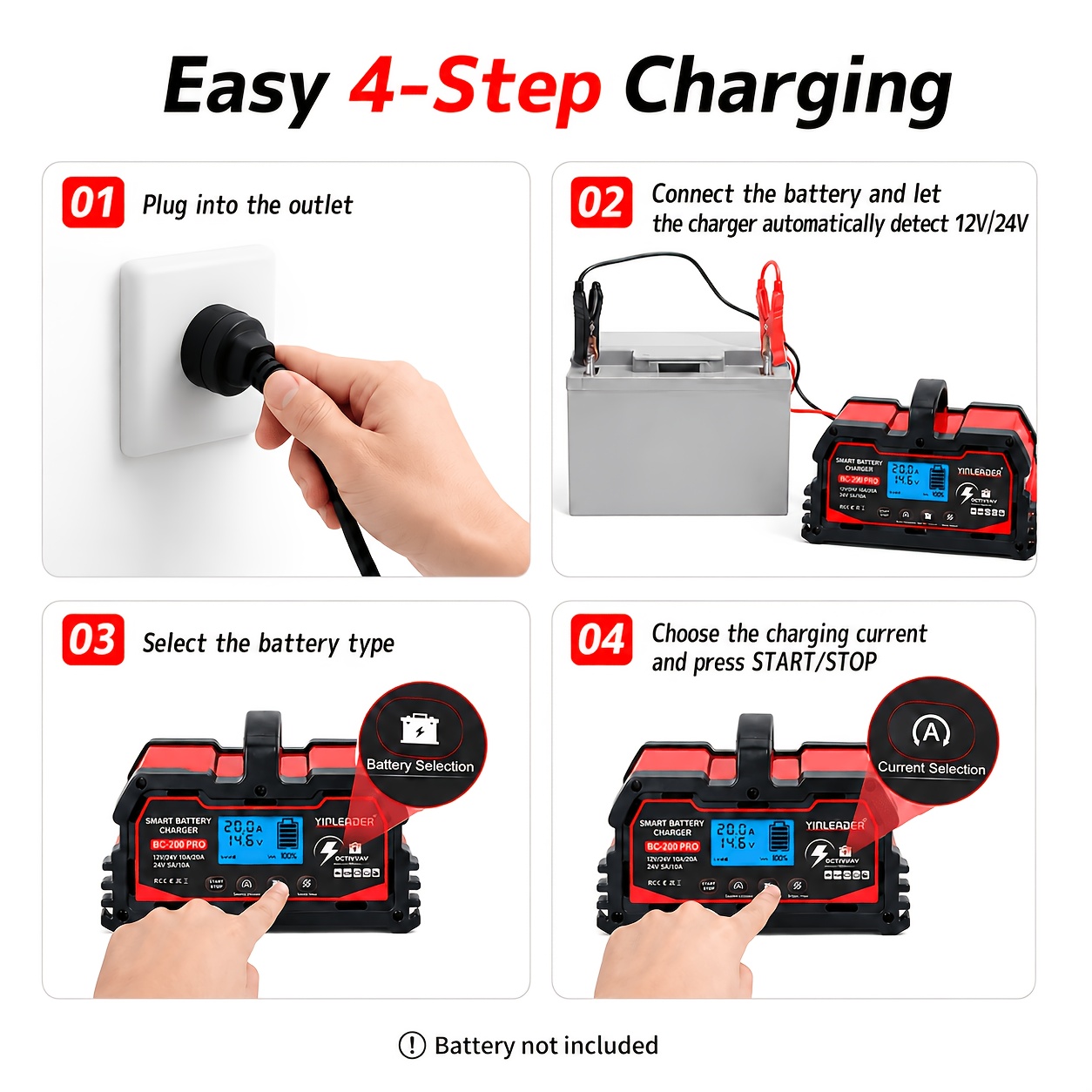 20A Smart Car & Marine Battery Charger with LCD Display