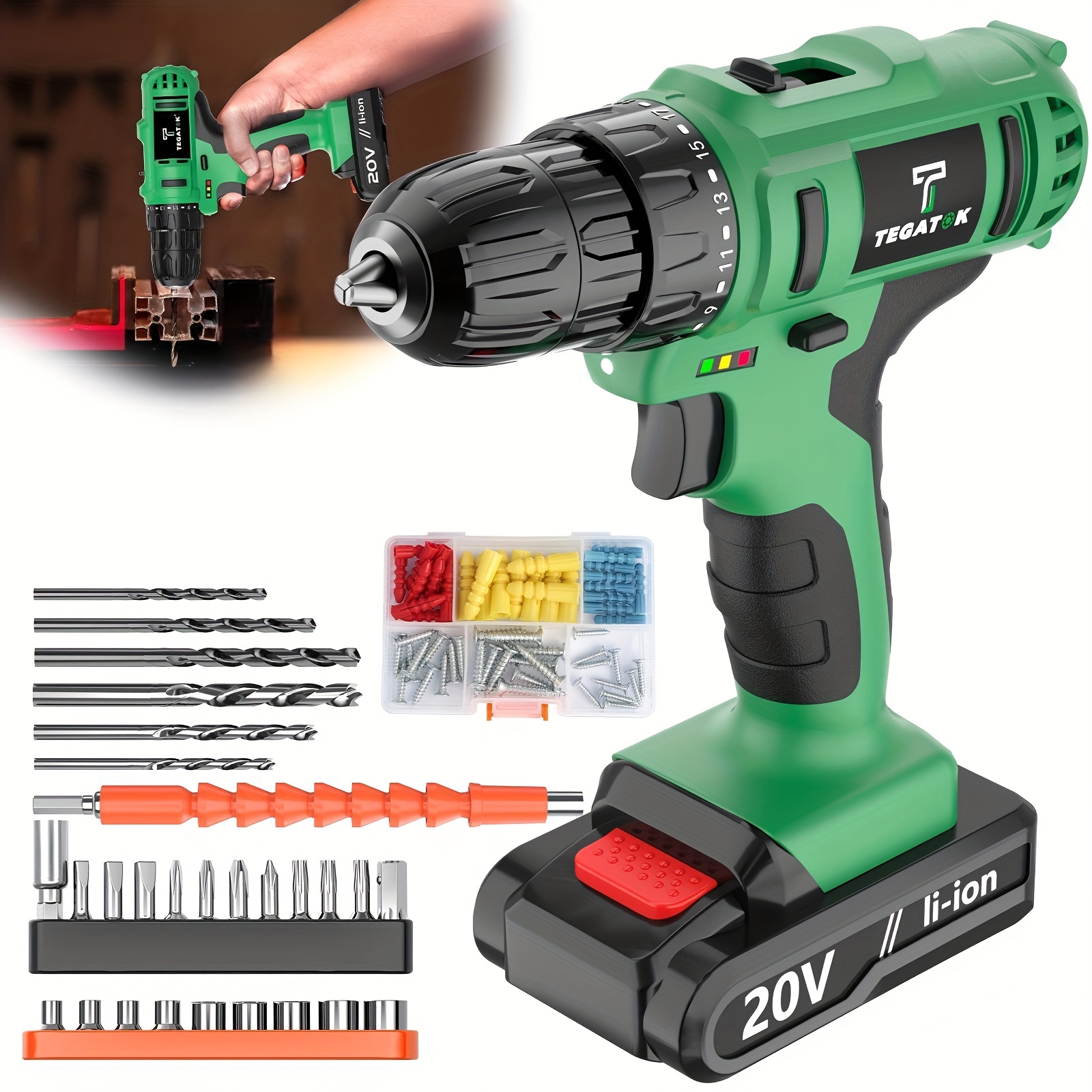 TEMU Tegatok 20v Industrial Cordless Drill Kit, Impact Drill With 3/8 Inch Keyless Chuck, 18+3 Clutch Electric Drill Light, Max Torque 45nm, 2-speed