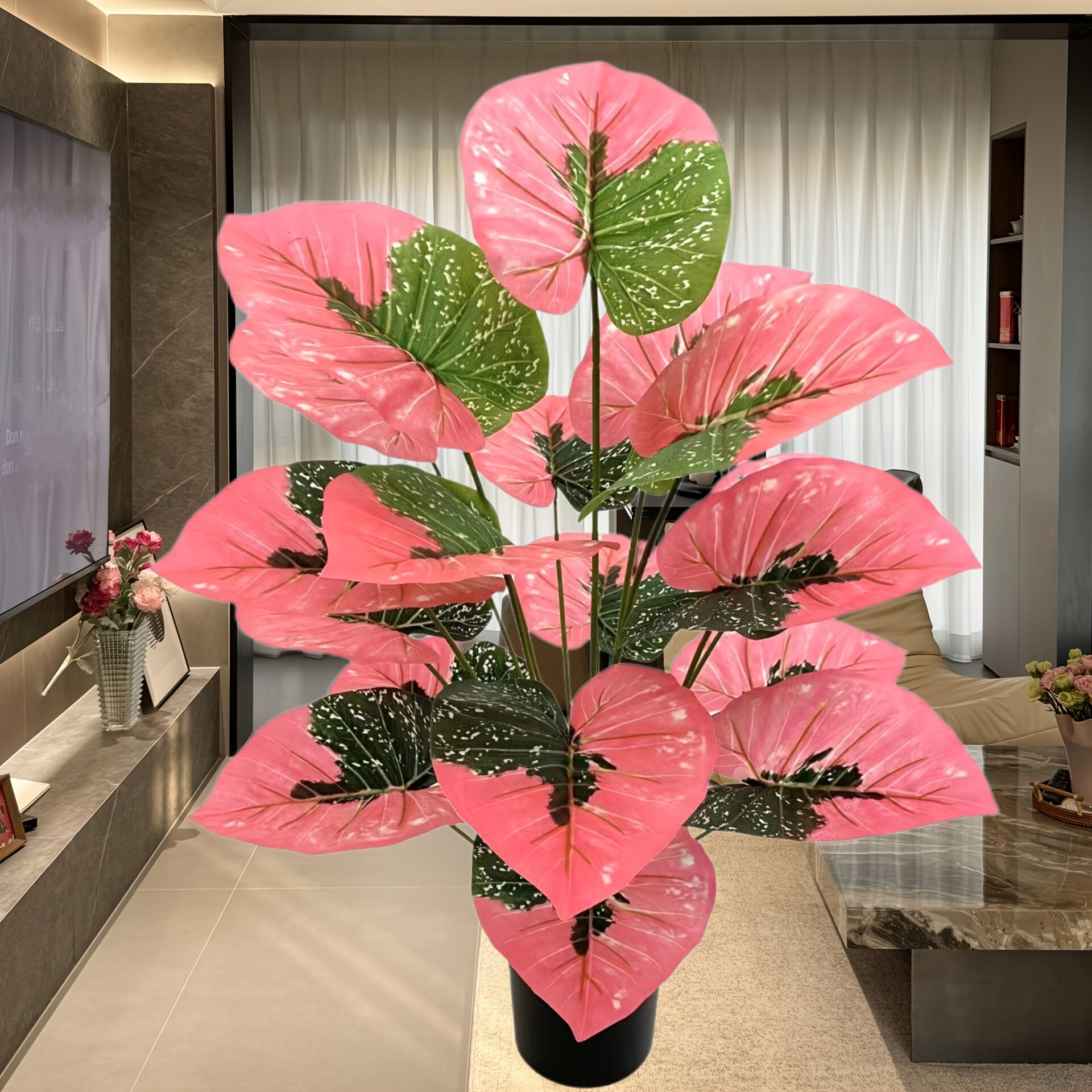 

18-head Artificial Tropical Plant With Pink Leaves - Plastic Faux Greenery For Home Decor, Floor Placement, Christmas, , Easter, Hanukkah, Thanksgiving - No Container Included