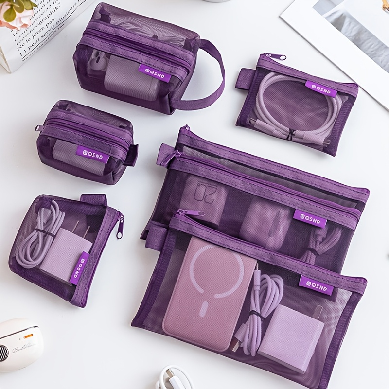 TEMU 6pcs Porte-monnaie pour femmes - Sac à fermeture éclair en transparente, Sac de rangement pour câble de données multi-tailles, Chargeur, Sac de