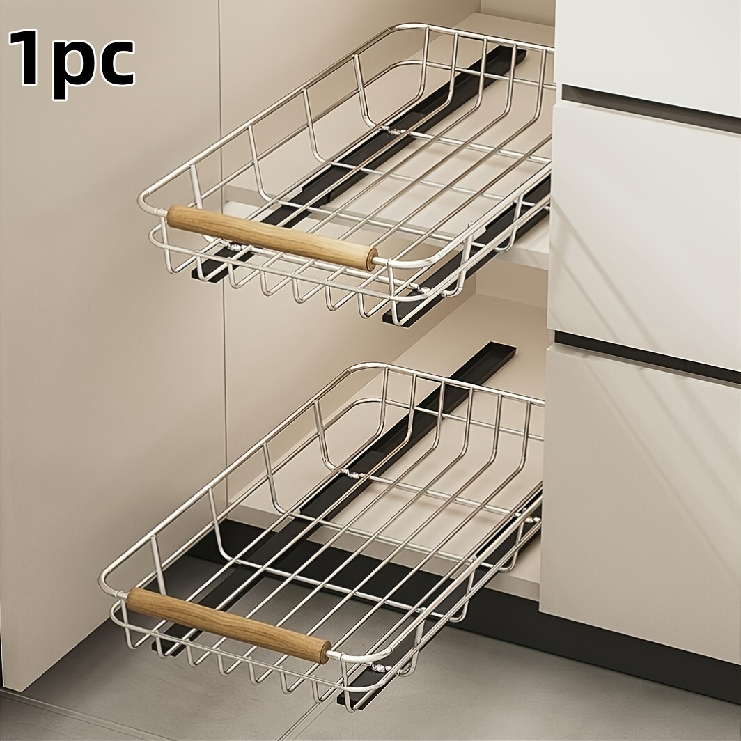 

1pc Easy-install Pull-out Cabinet Organizer - Slide-out Drawer For Kitchen, Multifunctional Storage Rack For Pots And Bowls, Carbon Steel, Non-slip Grip, Light Brown