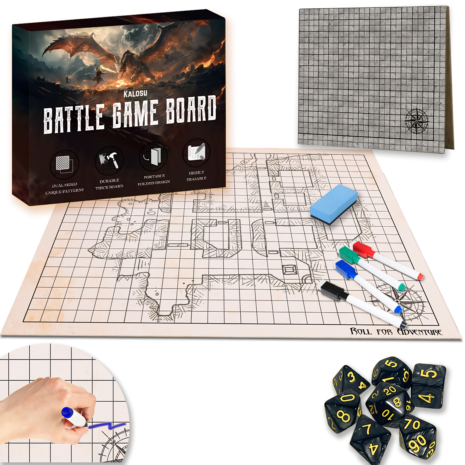 

Game Set With Double-sided Game Kit, Wet/dry Erase Grid, Perfect Tabletop Rpg Gift For Dnd, Pathfinder Boardgaming Players