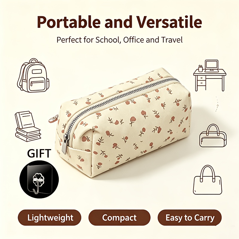 TEMU New Cute 2pcs Set: Pencil Case + Storage Hook, Floral Pencil Box, Large Capacity, Lightweight And Compact, Stylish And Adorable, Suitable For